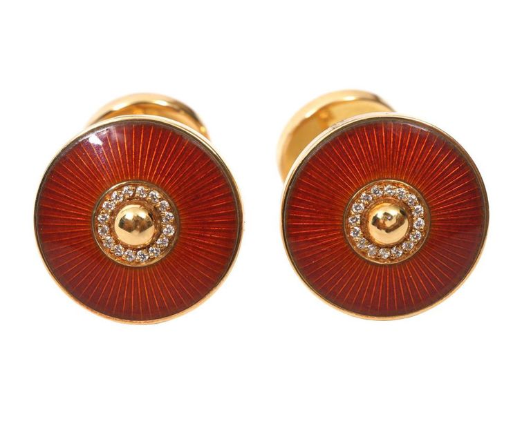 Pair of Cartier 18K YG Diamond Enamel Cufflinks
