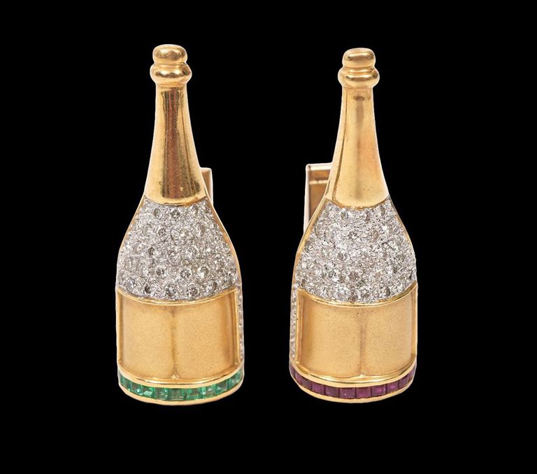 Pr 14K YG Diamond Emerald Champagne Cufflinks
