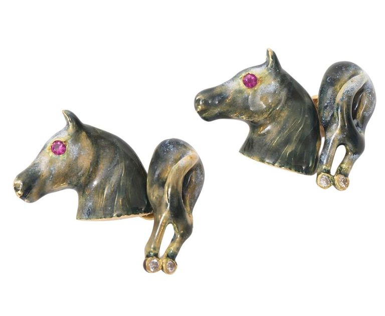 Pr of 18K YG Enamel Diamond Horse Head Cufflinks