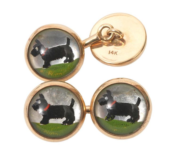 Pair 14K YG Intaglio Scottie Dog Cufflinks