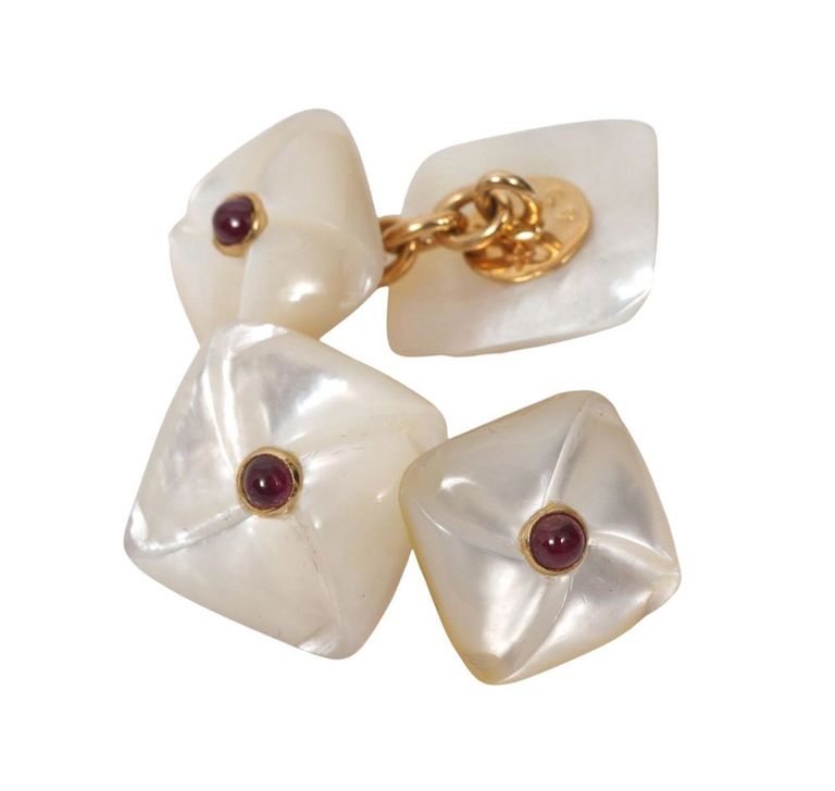 Pair Trianon 18K YG, MOP and Ruby Cufflinks