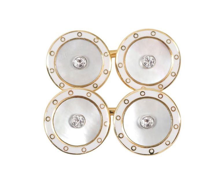 Pr 18K YG MOP, Diamond & Enamel Cufflinks