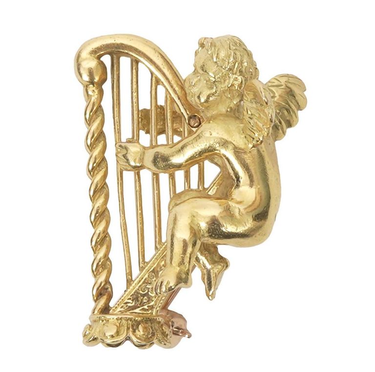 18K YG Angel and Harp Brooch