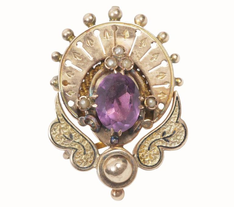 Antique 14K YG Amethyst & Pearl Pendant
