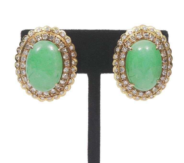 Pr. 14K YG Diamond and Jade Estate Earrings