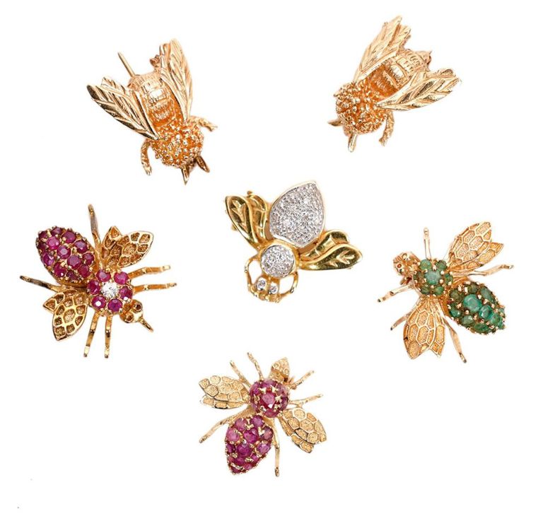 6 Bee Brooches 14K w/ Rubies, Emeralds & Diamonds