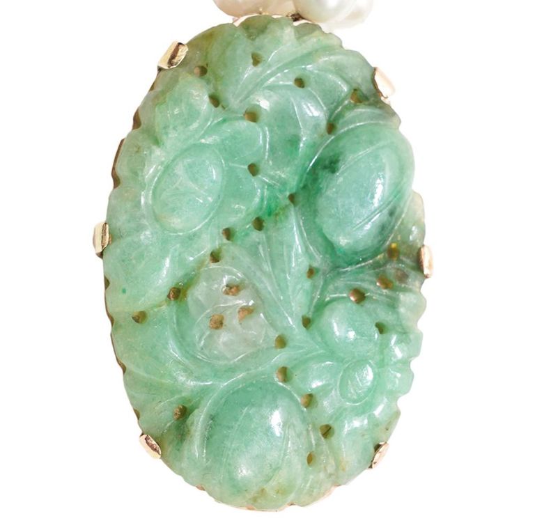 Carved Jade, Pearl & 14K YG Necklace