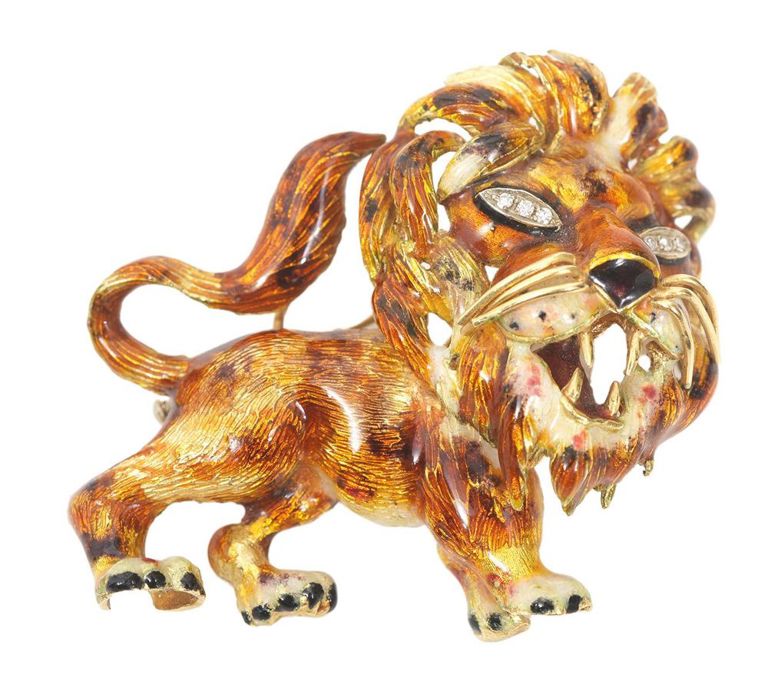 18K YG & Diamond Figural Lion Brooch
