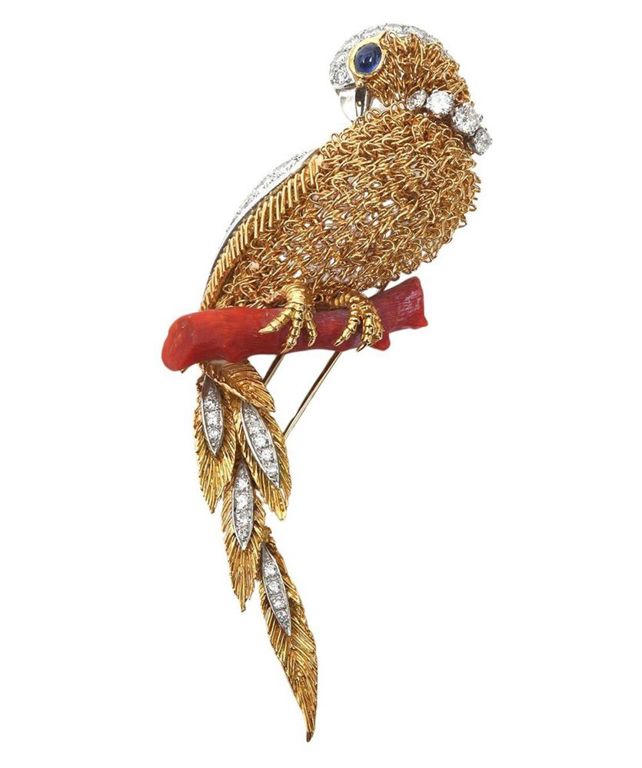 Diamond, Coral, Sapphire 18K YG Bird Brooch
