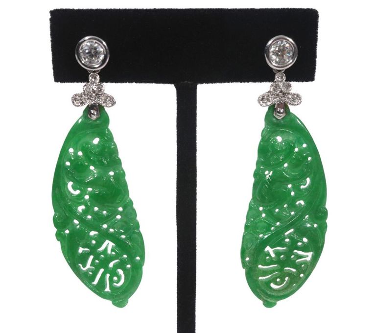 Pr. Jade & Diamond 18K WG Pierced Drop Earrings
