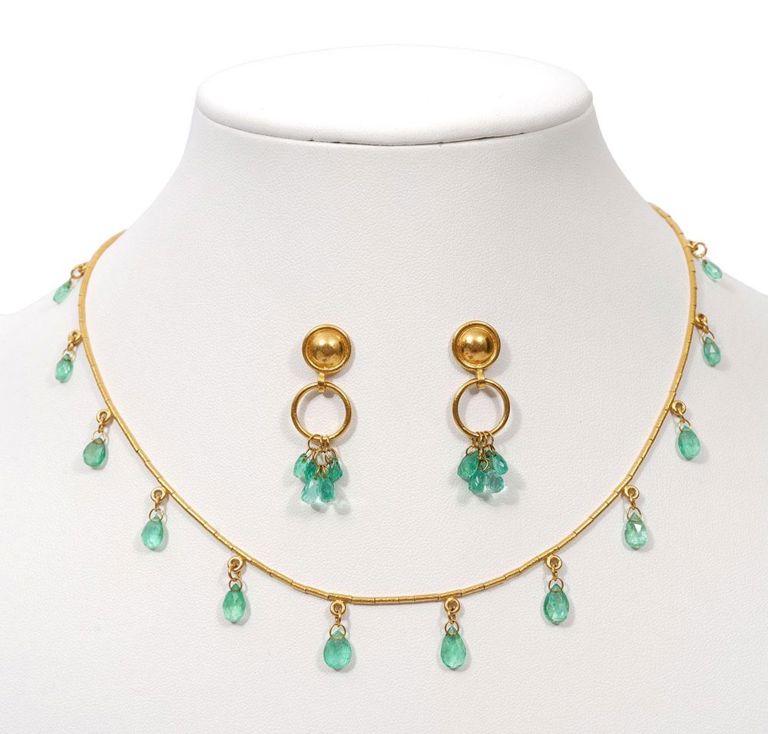 Gurhan 22K YG Briolette Emerald Necklace/Earrings