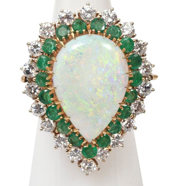 Lady's Opal, Diamond, Emerald & 14K YG Ring