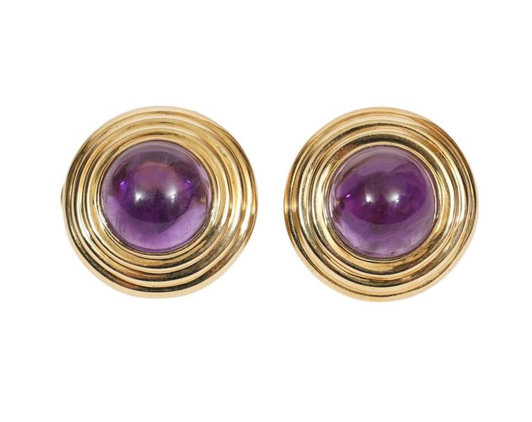 18K YG Cabochon Amethyst Signed Pierced Earrings