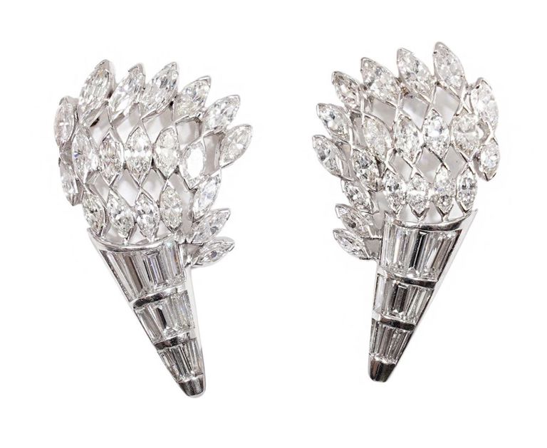 Pair Diamond & 14K White Gold Brooches