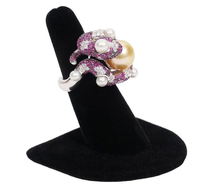 Diamond, Pearl & Ruby 18K WG Snake Ring