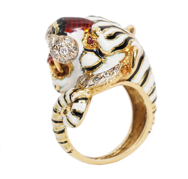 Signed 18K YG Diamond & Enamel Tiger Ring