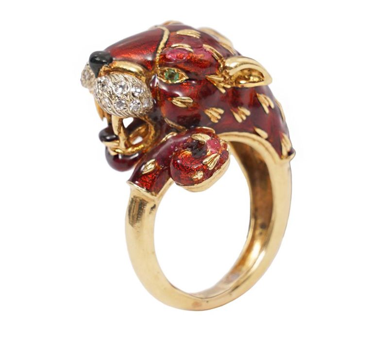 18K YG Diamond, Emerald & Enamel Panther Ring