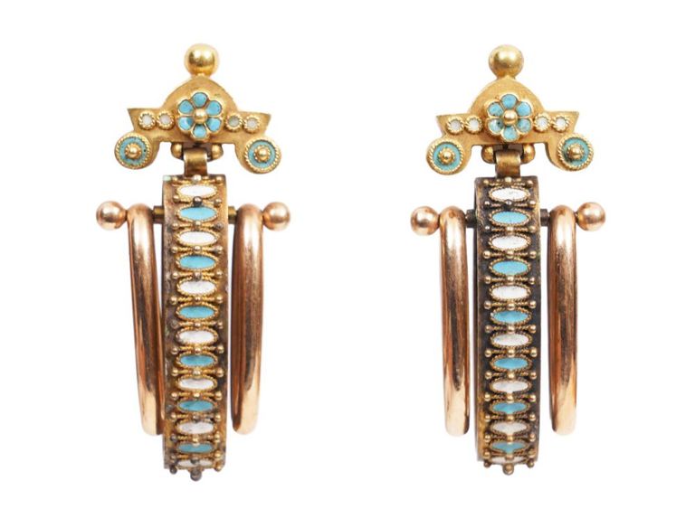 Victorian 10K YG Enamel Articulated Earrings