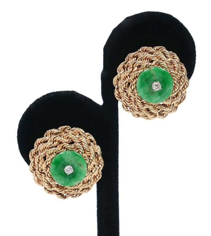 Diamond, Jade & 14K YG Ornate Clip Earrings