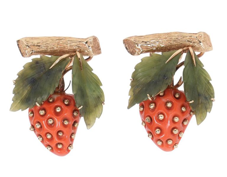 Pr. Carved Coral & Jade 14K YG Pierced Earrings