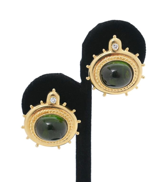 Cabochon Tourmaline, Diamond & 18K YG Earrings