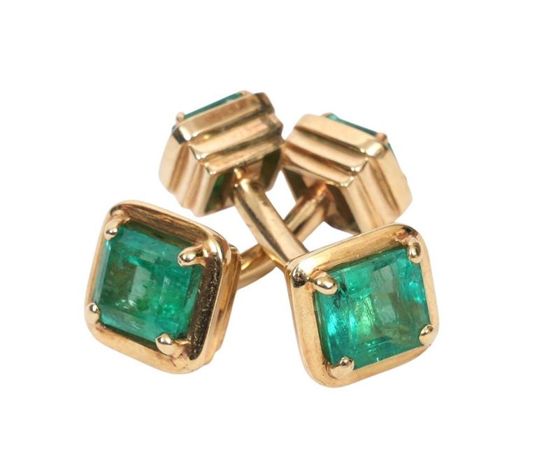 Emerald & 14K YG Contemporary Style Cufflinks
