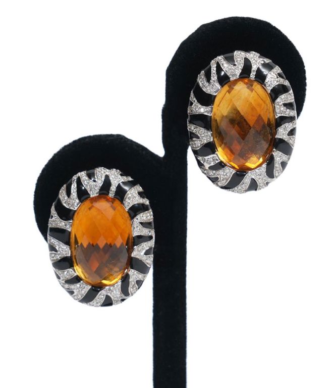 Diamond, Enamel, Citrine & 18K WG Earrings