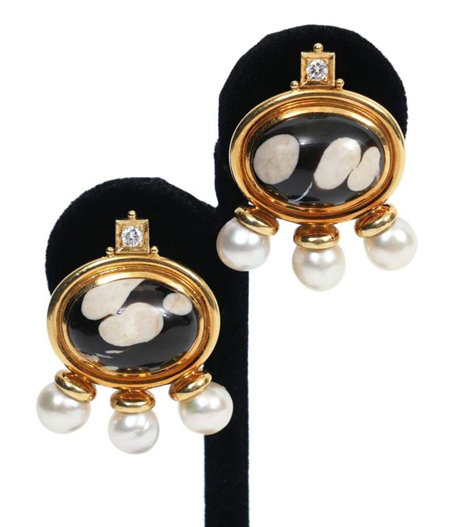 E. Gage Diamond, Agate & Pearl 18K YG Earrings
