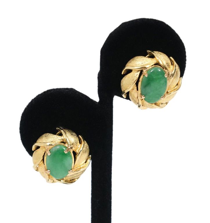 Carved Jade & 14K YG Clip Earrings
