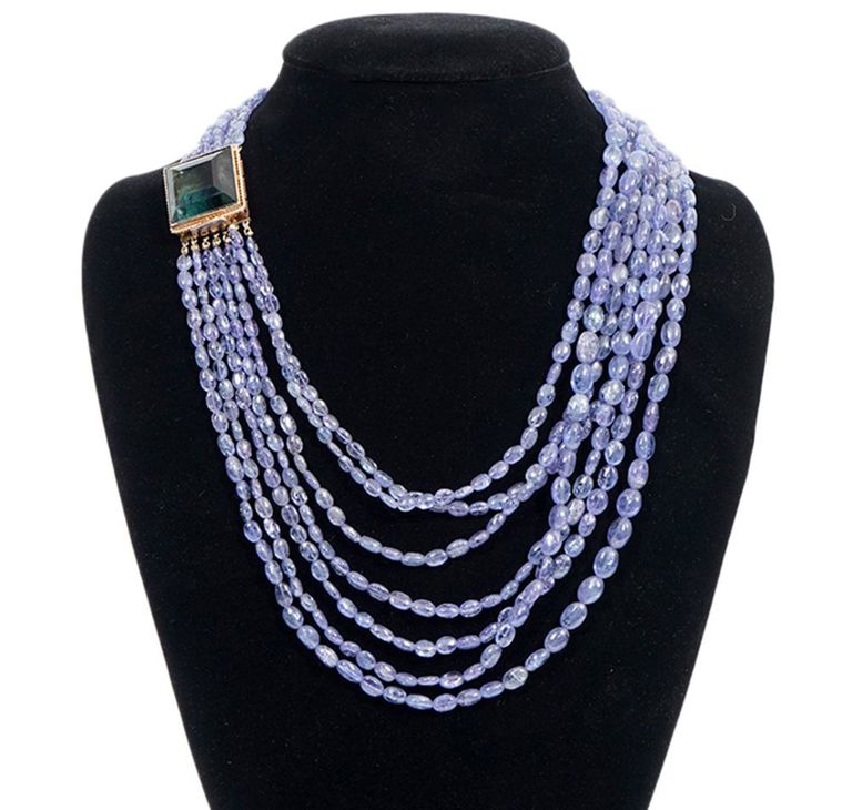 18K YG Chalcedony Bead & Green Tourmaline Necklace