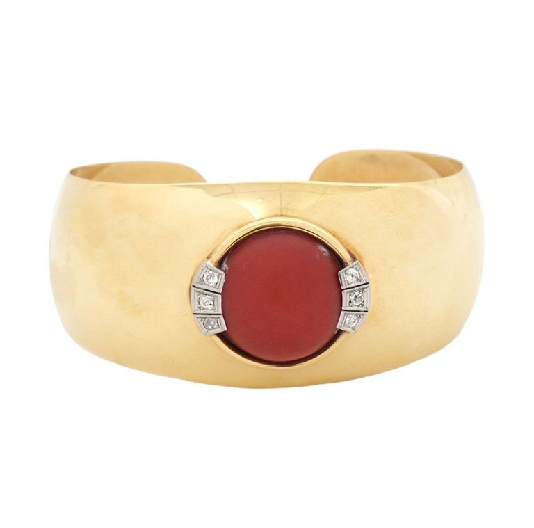 Art Deco Style 14K YG Diamond & Coral Resin Bracelet