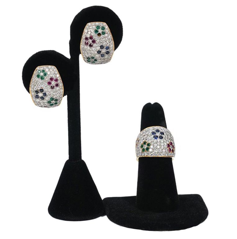 Diamond & Gemstone 18K Gold Ring and Earrings
