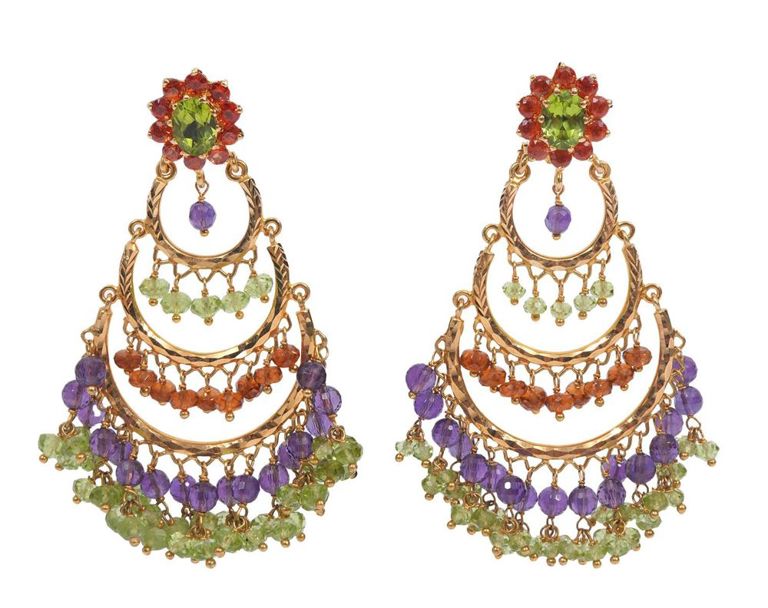 Mixed gemstone 14k yellow gold chandelier pierced articulated earrings