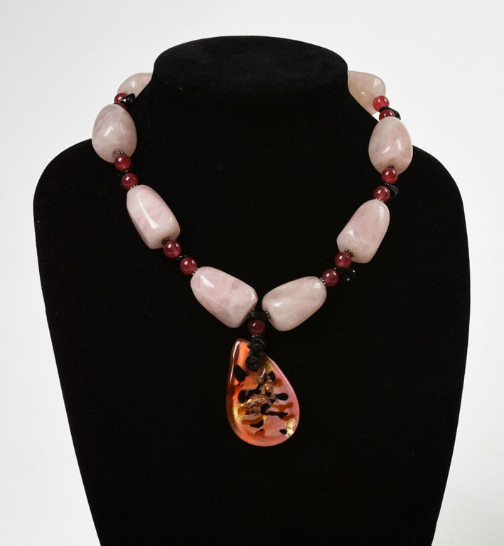 Large Rose Quartz and Jade Necklace.