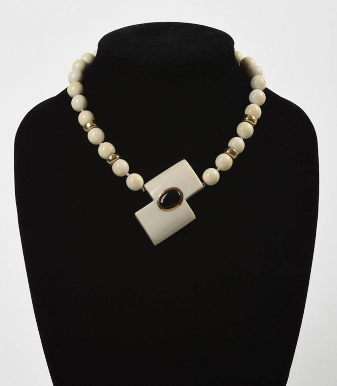 Bone, Onyx, and 14K Gold Necklace.