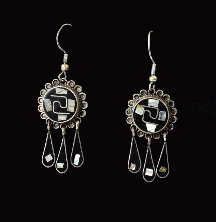 Mother of Pearl and Onyx Inlay Drop Mexican Alpaca Earrings.