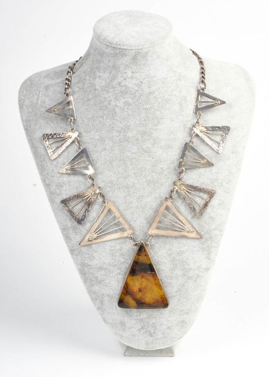 Hammered Sterling Necklace With Amber Pendant.