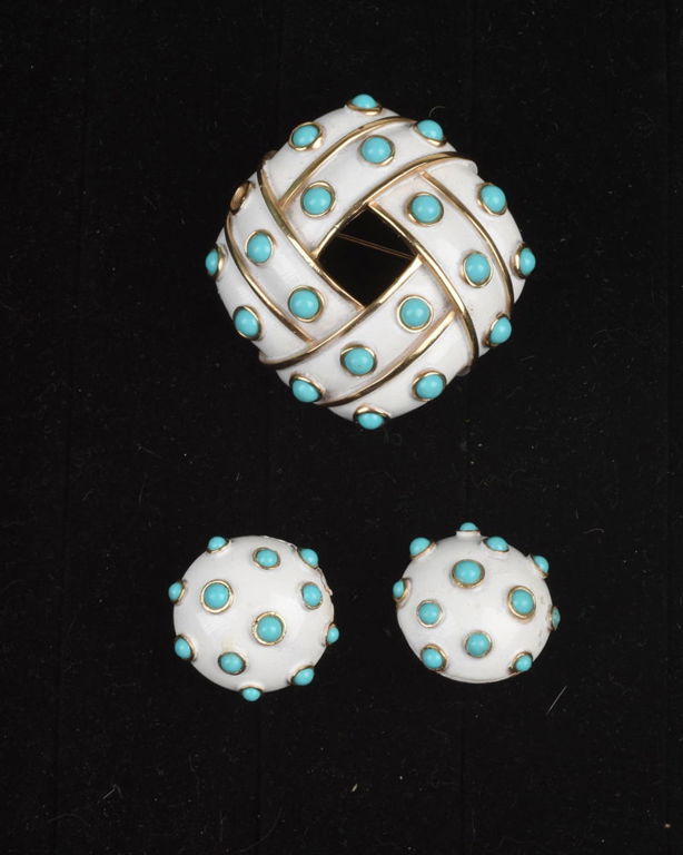 Trifari White Enamel and Faux Turquoise Brooch and Earrings.