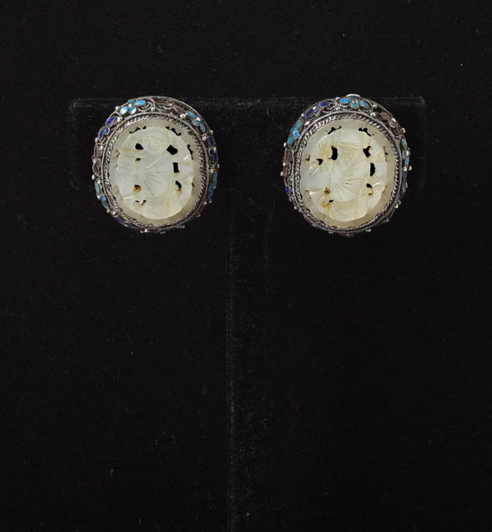 Carved Jade and Silver Earrings.