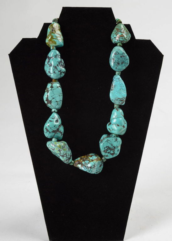 Large Sterling and Raw Turquoise Beaded Necklace.