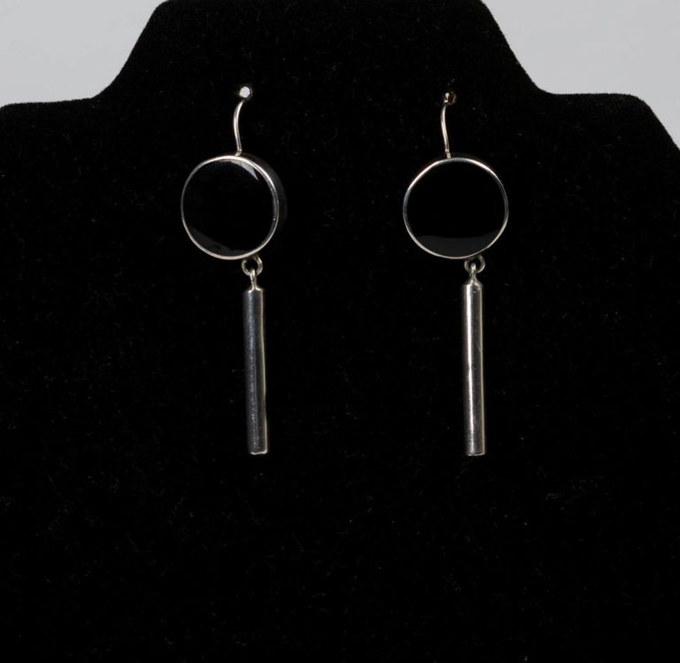 Onyx and Sterling Silver Modernist Earrings.