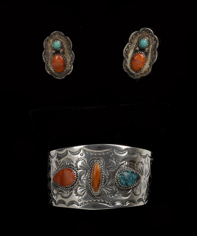 Jerry N. Platero Navajo Sterling Silver and Hardstone Cuff and Earrings