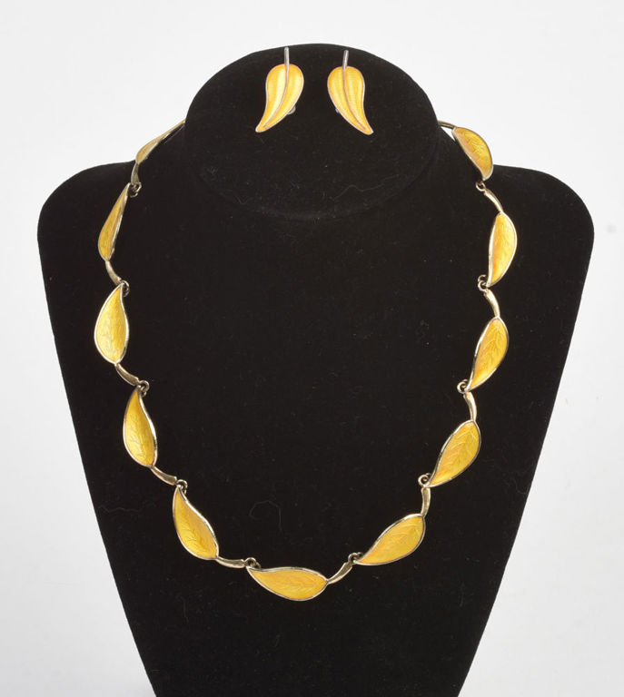 Pearl White Enamel Leaf and Sterling Necklace and Earrings Set.