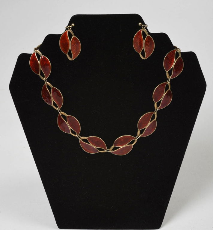 Meka Sterling and Enamel Double Leaf Necklace and Earrings.