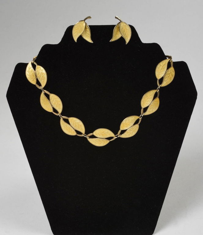 Meka Sterling and Enamel Double Leaf Necklace and Earrings.