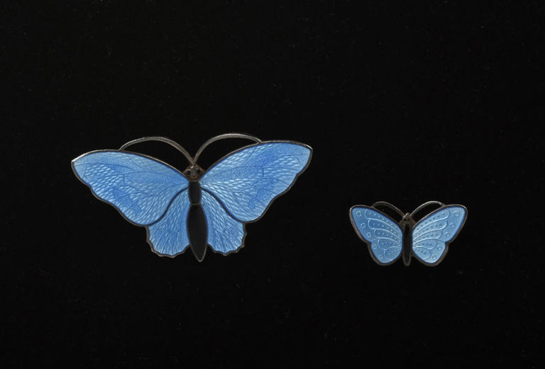 Two Sterling and Enamel Blue Butterfly Pins.