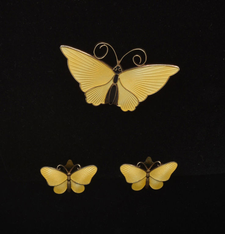 Set of Sterling and Enamel Yellow Butterfly Pin and Earrings.