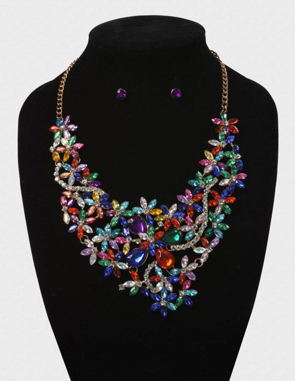 Large Multi-Color Statement Necklace with Earrings