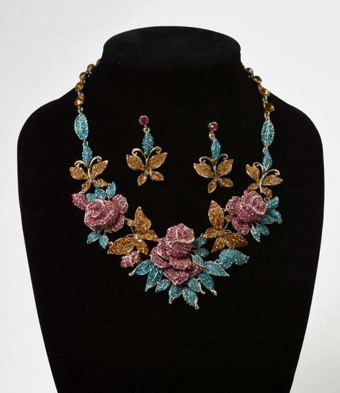 Pink, Blue, Gold, and Rose Necklace with Butterfly Earrings.