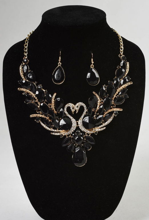 Double Swan Necklace with Black and White Rhinestone Earrings.